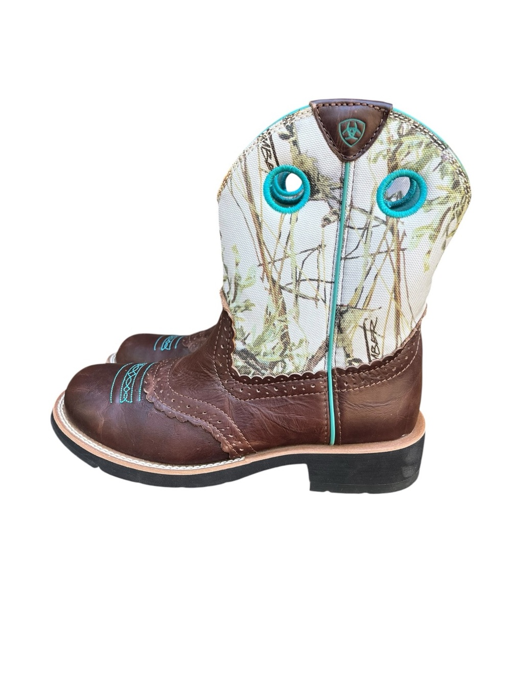 Ariat Fatbaby Realtree Camo Brown Teal Leather Western Cowboy Boots Womens 7.5 - Picture 6 of 13